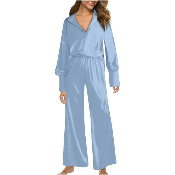 hotojiny Womens Pajama Sets Long Sleeve Lapel V Neck Tops and Long Pants Set Sleepwear Casual Loose Loungewear