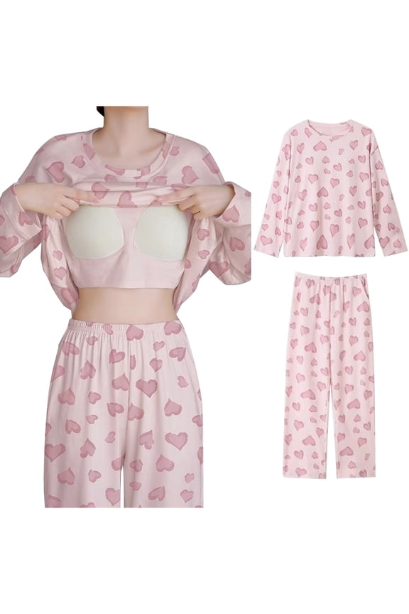 Womens Pajamas Set Long Sleeve Top with Built in Bra and Long Pants 2 Piece Pjs Set Soft Lounge Sleepwear