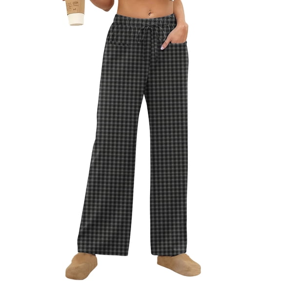hotojiny Womens Plaid Pants Summer Casual Elastic High Waisted Lounge Trouser Fashion Wide Leg Beach Trousers Travel Outfits