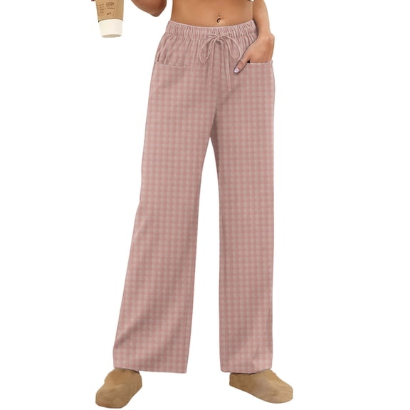 hotojiny Womens Plaid Pants Summer Casual Elastic High Waisted Lounge Trouser Fashion Wide Leg Beach Trousers Travel Outfits