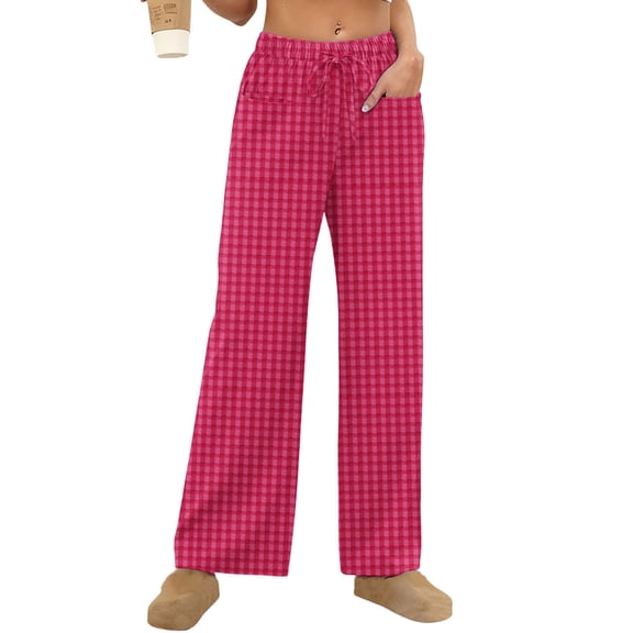 hotojiny Womens Plaid Pants Summer Casual Elastic High Waisted Lounge Trouser Fashion Wide Leg Beach Trousers Travel Outfits