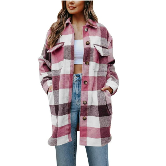 hotojiny Womens Plaid Shacket Jacket Wool Blend Casual Long Sleeve Trench Coat Lapel Button Down Shirts Jacket with Pockets