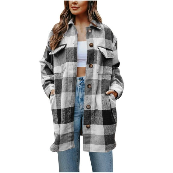 hotojiny Womens Plaid Shacket Jacket Wool Blend Casual Long Sleeve Trench Coat Lapel Button Down Shirts Jacket with Pockets