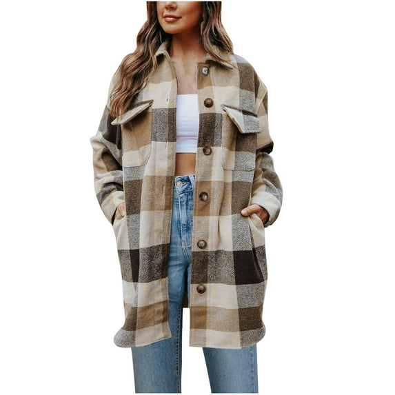 hotojiny Womens Plaid Shacket Jacket Wool Blend Casual Long Sleeve Trench Coat Lapel Button Down Shirts Jacket with Pockets