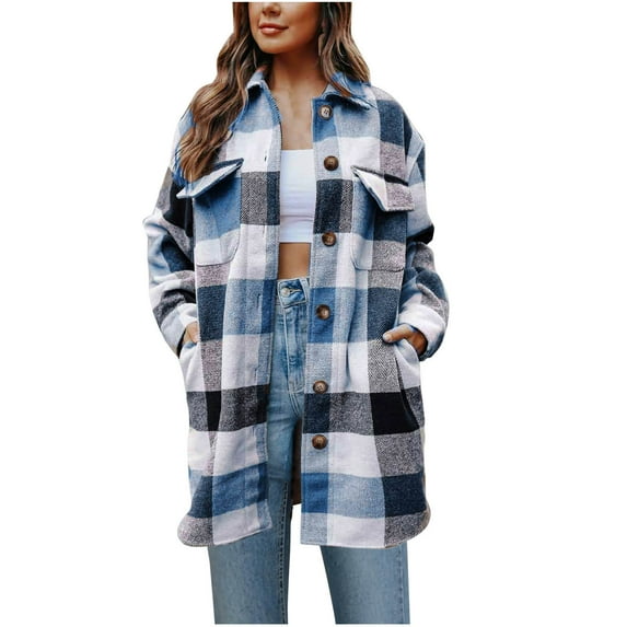 hotojiny Womens Plaid Shacket Jacket Wool Blend Casual Long Sleeve Trench Coat Lapel Button Down Shirts Jacket with Pockets