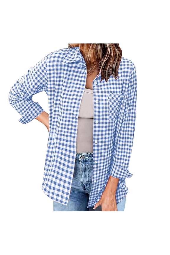 Womens Plaid Shirts Long Sleeve Button Down Blouses Fall Lapel Collared Casual Work Tops with Pockets