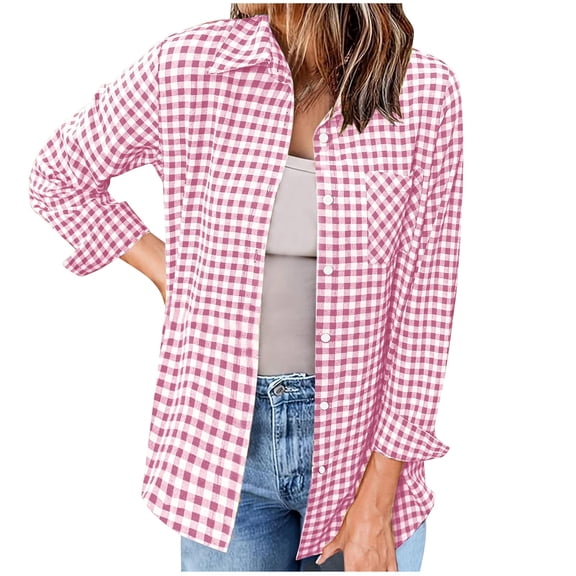 hotojiny Womens Plaid Shirts Long Sleeve Button Down Blouses Fall Lapel Collared Casual Work Tops with Pockets