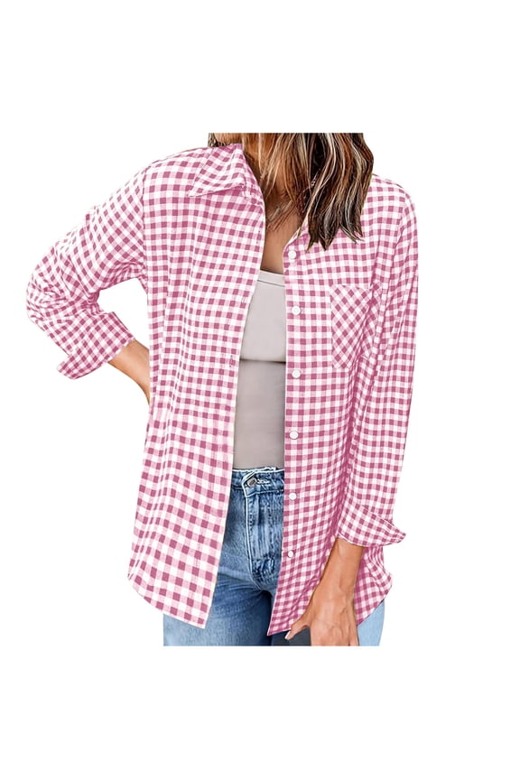 Womens Plaid Shirts Long Sleeve Button Down Blouses Fall Lapel Collared Casual Work Tops with Pockets