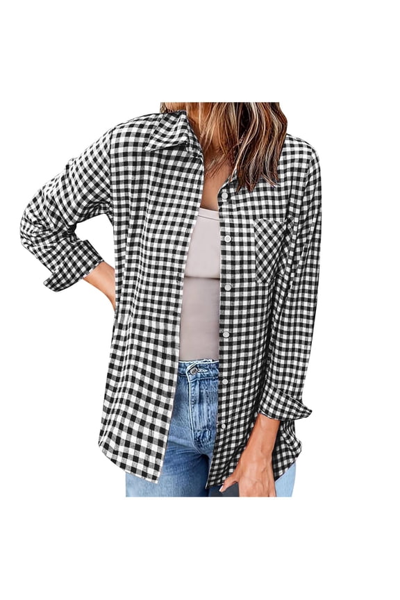 Womens Plaid Shirts Long Sleeve Button Down Blouses Fall Lapel Collared Casual Work Tops with Pockets