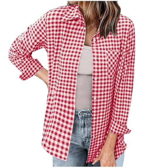 hotojiny Womens Plaid Shirts Long Sleeve Button Down Blouses Fall Lapel Collared Casual Work Tops with Pockets