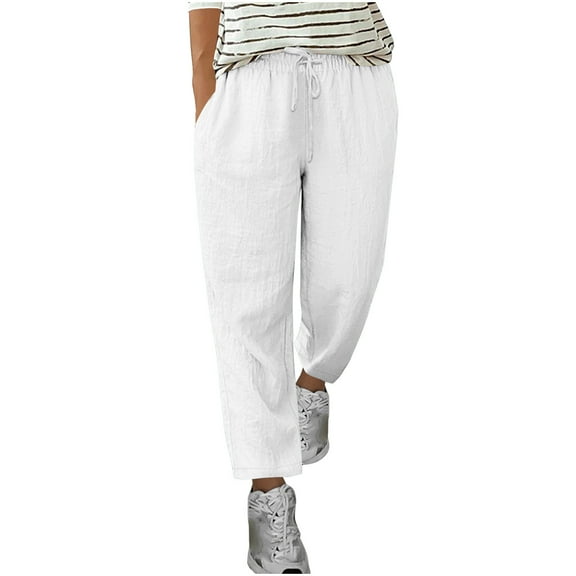 hotojiny Womens Plus Size Cotton Linen Pants with Pockets Loose Fit Casual Trousers Lightweight Straight Leg Baggy Pants for Hiking