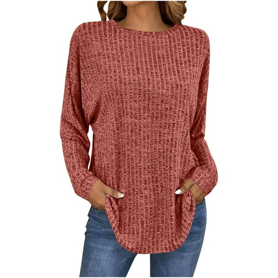 hotojiny Womens Plus Size Long Sleeve Shirt Casual Knitted Ribbed Crewneck Comfy Tops Lounge Loose Soft Spring Blouse