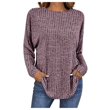 hotojiny Womens Plus Size Long Sleeve Shirt Casual Knitted Ribbed Crewneck Comfy Tops Lounge Loose Soft Spring Blouse