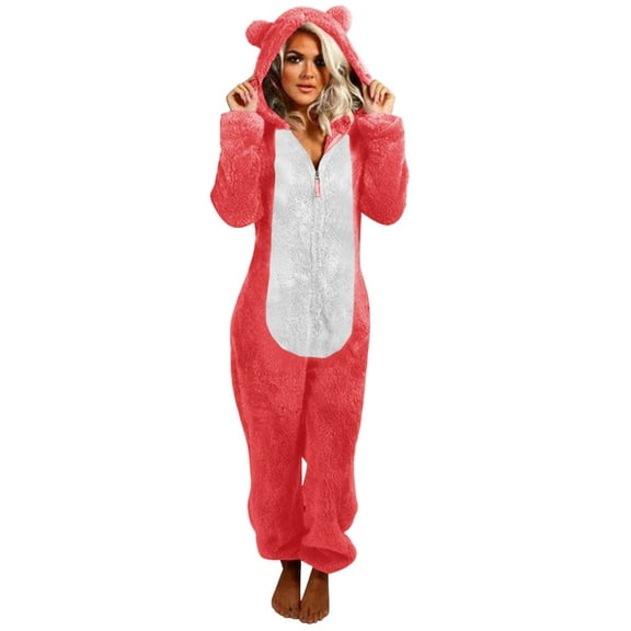 hotojiny Womens Plus Size Onesies Pajamas Winter Fuzzy Sherpa Adult Hooded One Piece Jumpsuit Cute Zipper Fleece Romper Sleepwear