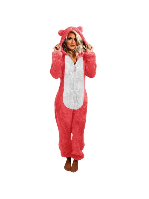 Womens Plus Size Onesies Pajamas Winter Fuzzy Sherpa Adult Hooded One Piece Jumpsuit Cute Zipper Fleece Romper Sleepwear