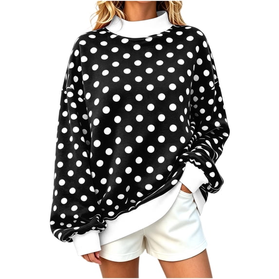 hotojiny Womens Plus Size Sweatshirts Trendy Mock Neck Long Sleeve Tops Oversized Polka Dot Soft Pullover Cute Fall Clothes(Black,XX-Large)