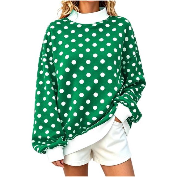 hotojiny Womens Plus Size Sweatshirts Trendy Mock Neck Long Sleeve Tops Oversized Polka Dot Soft Pullover Cute Fall Clothes(Green,X-Large)