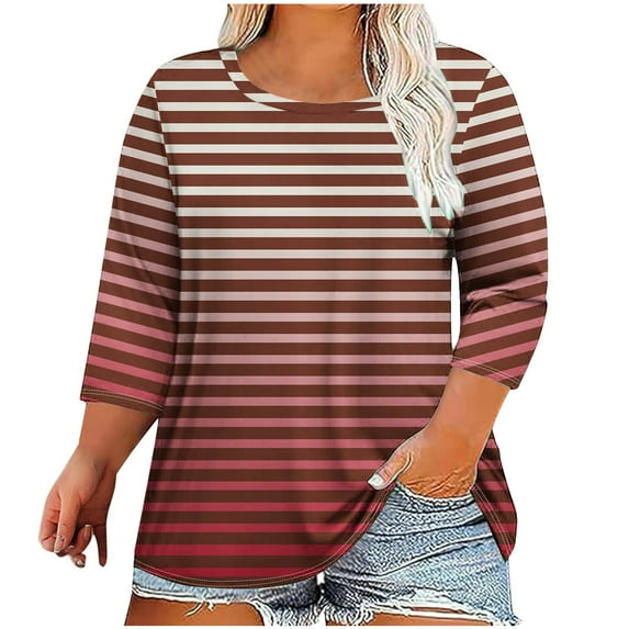 hotojiny Womens Plus Size Tops 3/4 Sleeve Crewneck Casual Pullover Shirts Fall Color Block Loose Tunic Blouses