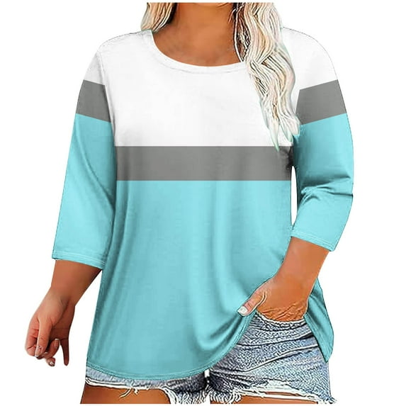 hotojiny Womens Plus Size Tops 3/4 Sleeve Crewneck Casual Pullover Shirts Fall Color Block Loose Tunic Blouses
