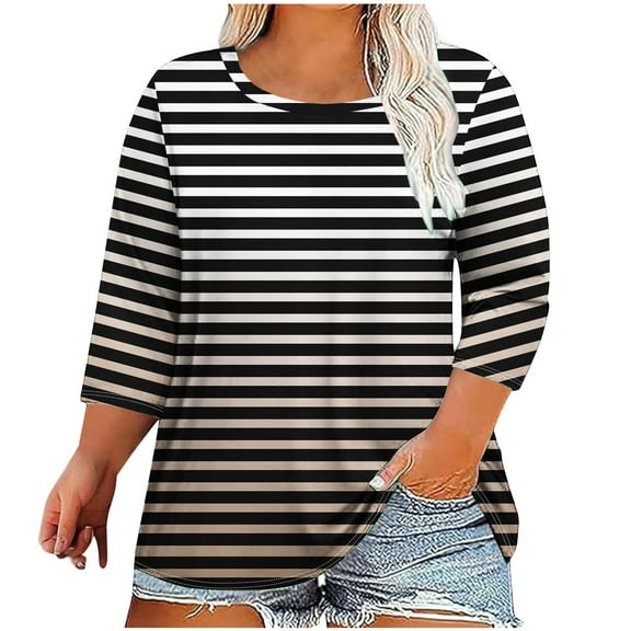 hotojiny Womens Plus Size Tops 3/4 Sleeve Crewneck Casual Pullover Shirts Fall Color Block Loose Tunic Blouses