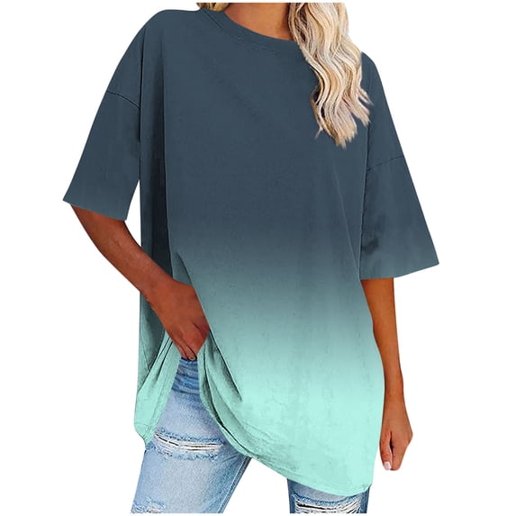 hotojiny Womens Plus Size Tops Fashion Gradation Half Sleeve Blouses Crew Neck Oversized T-Shirts Casual Loose Tunic Tees S-5XL
