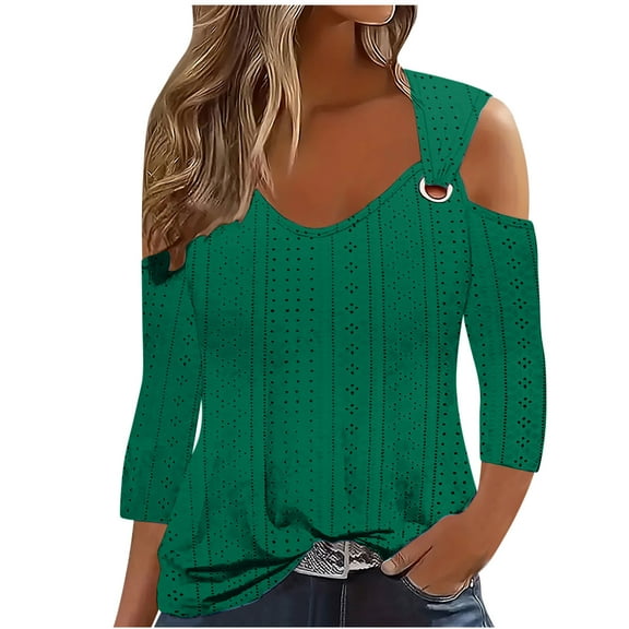 hotojiny Womens Plus Size Tops Trendy Cold Shoulder 3/4 Length Sleeve Shirts Loose Hollow out Soft Blouse