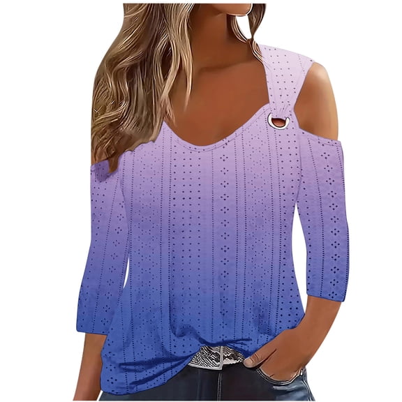 hotojiny Womens Plus Size Tops Trendy Cold Shoulder 3/4 Length Sleeve Shirts Loose Hollow out Soft Blouse
