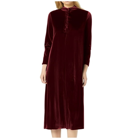 hotojiny Womens Plus Size Velvet Dress Vintage Fashion Long Sleeve Dress Elegant Soft Mock Neck Button Long Dress