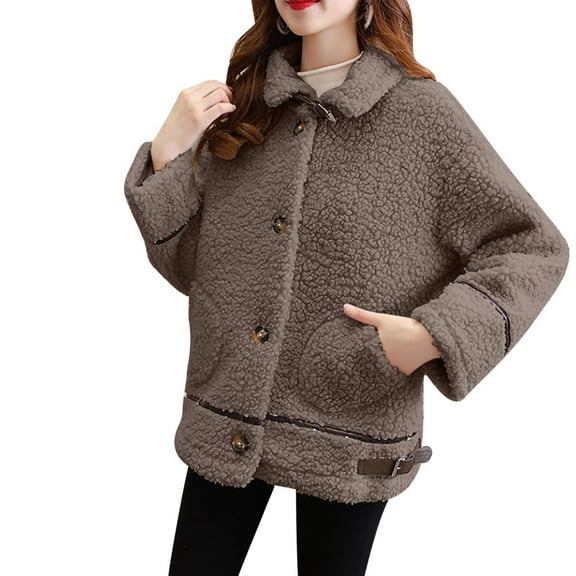 hotojiny Womens Plus Size Winter Jackets Warm Fleece Fluffy Soft Lapel Coats Comfy Fashion Button Outerwear