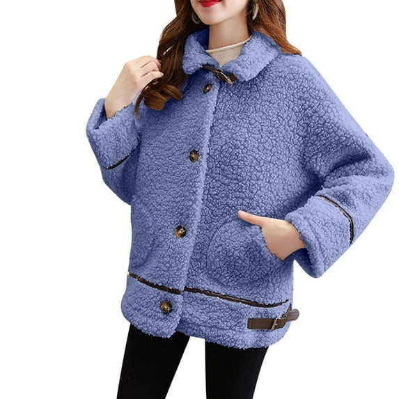 hotojiny Womens Plus Size Winter Jackets Warm Fleece Fluffy Soft Lapel Coats Comfy Fashion Button Outerwear