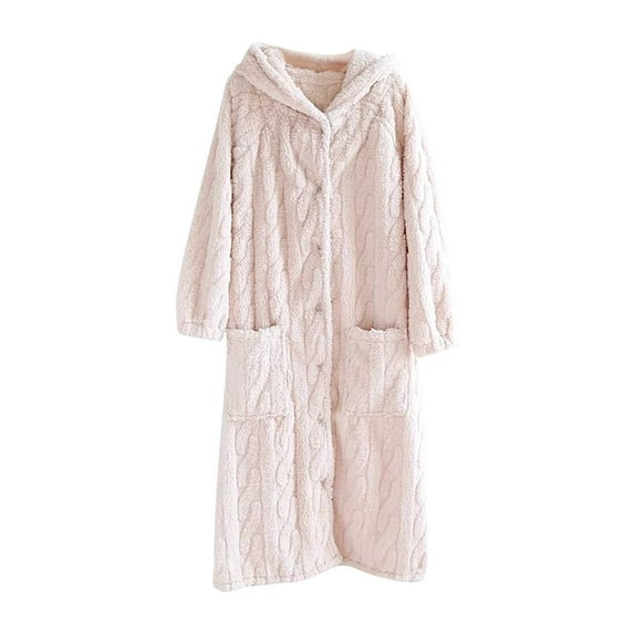 hotojiny Womens Plush Robe Soft Long Sleeve Fluffy Bathrobe for Women Winter Button Down Warm Nightgown Loungewear with Hood