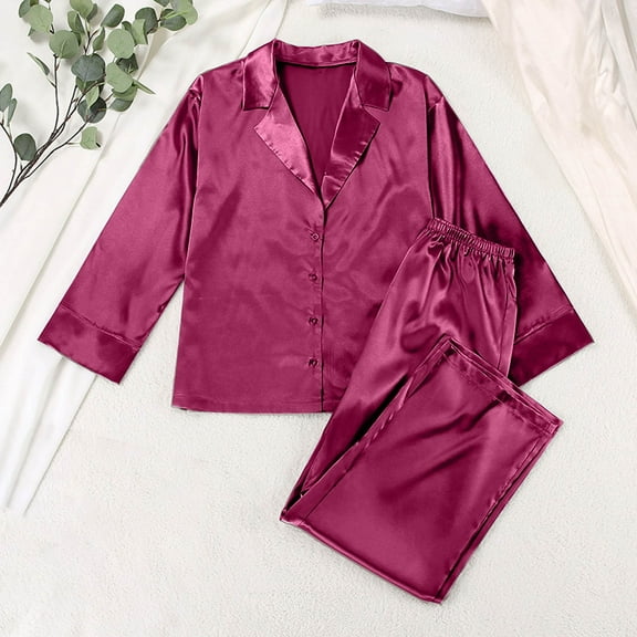 hotojiny Womens Satin Pajama Sets Long Sleeve Notch Collar Shirts and Pants Lounge Sets Comfy 2 Piece Button Down Sleepwear