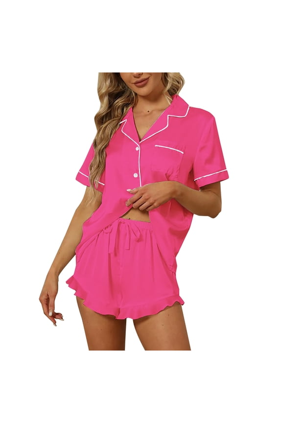 Womens Satin Silk Pajamas Set 2PCS Ruffle Notch Sleepwear Button down Short Sleeve Shorts Pjs Set Loungewear