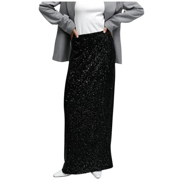 hotojiny Womens Sequin Long Skirts Sparkly Trendy Night Cocktail Party Maxi Skirts Clubwear Casual Low Waisted Skirt