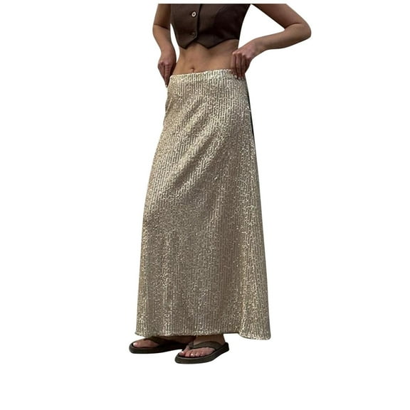 hotojiny Womens Sequin Long Skirts Sparkly Trendy Night Cocktail Party Maxi Skirts Clubwear Casual Low Waisted Skirt