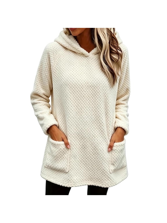 Womens Sherpa Hoodies Fleece Fuzzy Long Sleeve Hooded Tops Thermal Windproof Loose Fits Sweatshirt with Pockets(White aa1,Medium)