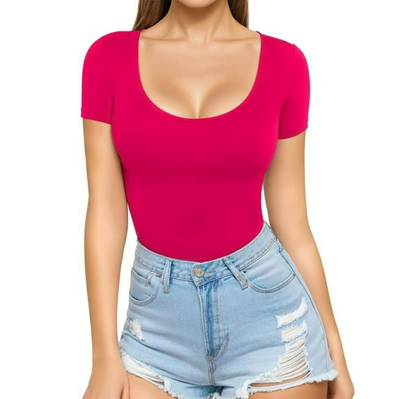 hotojiny Womens Short Sleeve T Shirts Trendy Slim Square Neck Going out Tops Summer Cute Clothes Solid Basics Tees