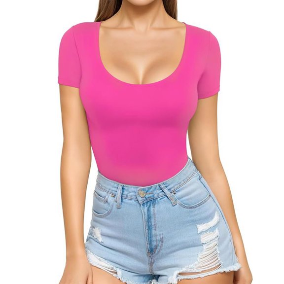 hotojiny Womens Short Sleeve T Shirts Casual Slim Solid Square Neck Going out Tops Summer Cute Clothes Basics Tees
