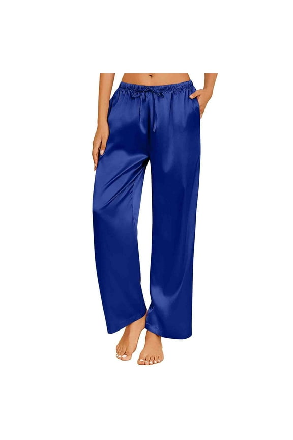 Womens Silk Satin Pajama Pants Loose Lounge Pants Drawstring Elastic Waist Wide Leg Pj Bottoms with Pockets