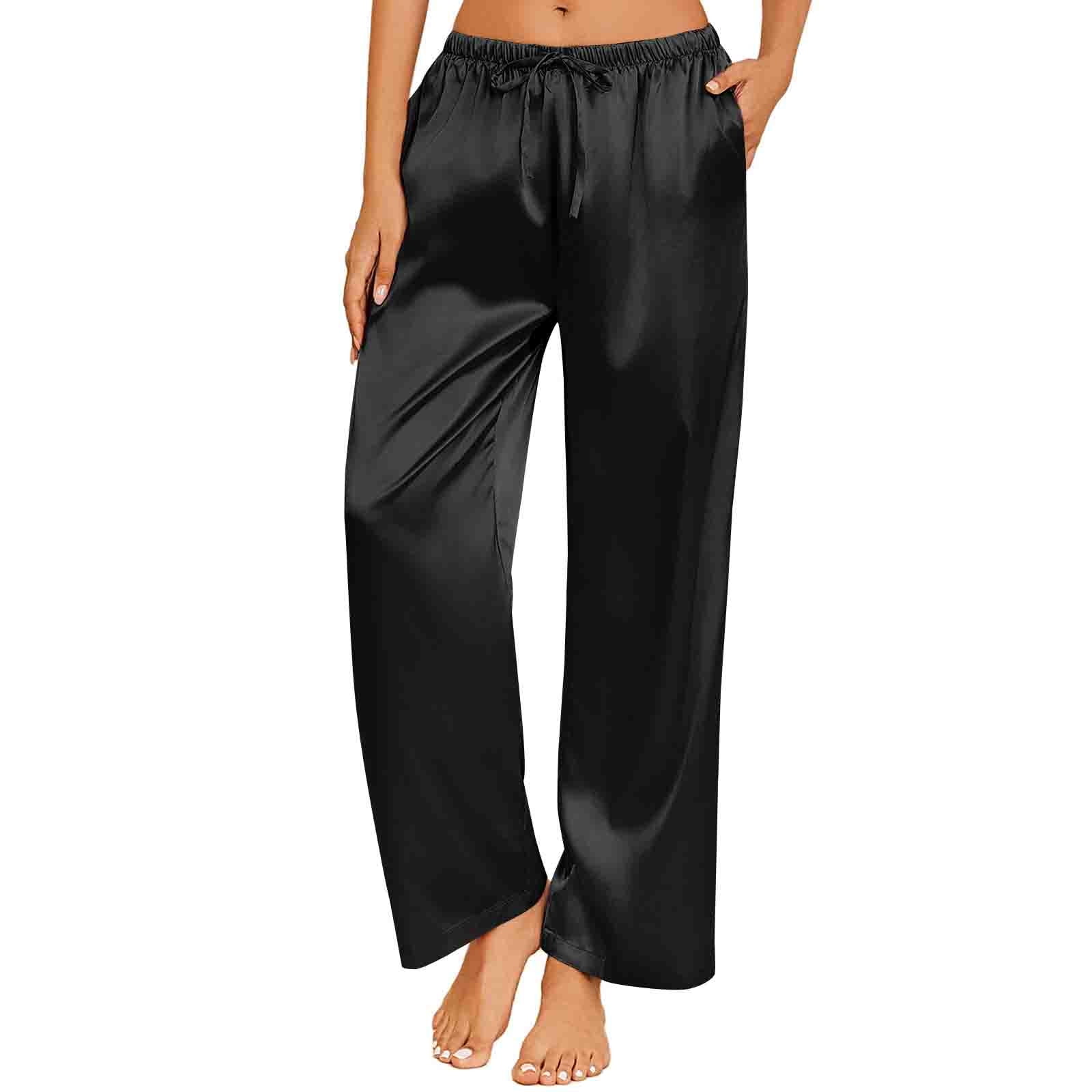 Womens Silk Satin Pajama Pants Loose Lounge Pants Drawstring Elastic Waist Wide Leg Pj Bottoms with Pockets