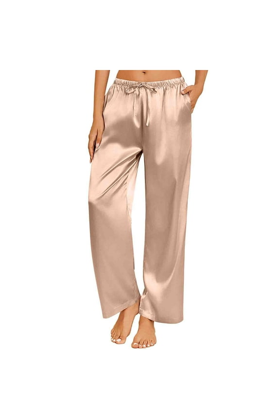 Womens Silk Satin Pajama Pants Loose Lounge Pants Drawstring Elastic Waist Wide Leg Pj Bottoms with Pockets