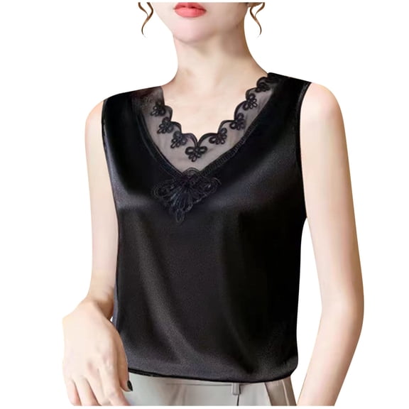 hotojiny Womens Silk Satin Tank Tops Mesh V Neck Casual Sleeveless Camisole Blouses Summer Basic Embroidery Shirt