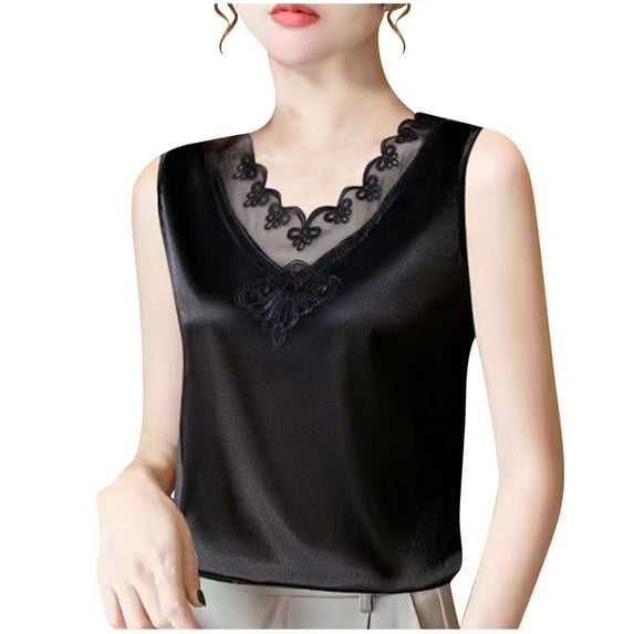 hotojiny Womens Silk Satin Tank Tops Mesh V Neck Casual Sleeveless Camisole Blouses Summer Basic Embroidery Shirt