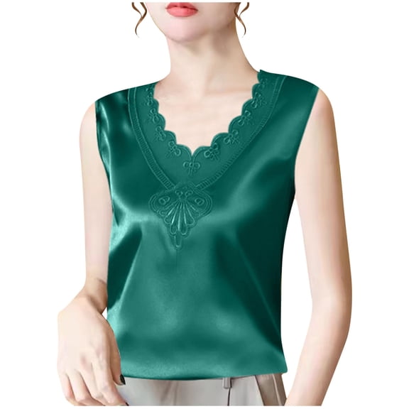 hotojiny Womens Silk Satin Tank Tops Mesh V Neck Casual Sleeveless Camisole Blouses Summer Basic Embroidery Shirt
