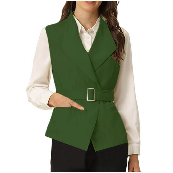 hotojiny Womens Sleeveless Blazer Lapel Collar Belted Suit Vest Jacket Fashion Business Casual Waistcoat with Pocket