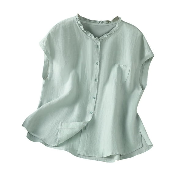 hotojiny Womens Sleeveless Button down Shirt Summer Cotton Linen Blouse Cute Ruffle Beach Vaction Basic Tank Top