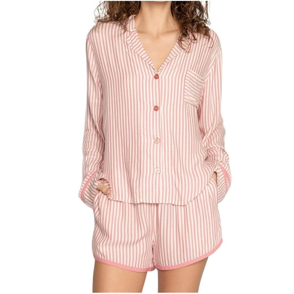 hotojiny Womens Soft Pajamas Set Button Down Sleepwear Striped Short Sleeve Shirts with Shorts 2 Piece Pj Sets Nightwear