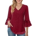 thumbnail image 1 of hotojiny Womens Sparkly Sequin Tops Flare 3/4 Sleeve Glitter Party Dressy Blouse Flowy V-Neck Evening Club Fashion Shirt, 1 of 6
