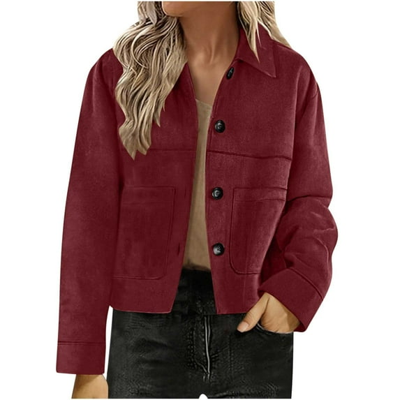hotojiny Womens Suede Leather Jackets Casual Cropped Fleece Coats Vintage Long Sleeve Button down Shackets Outwear Streetwear