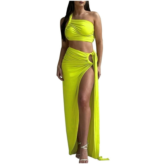 hotojiny Womens Summer Maxi Dress Fashion Sleeveless Strapless Tube Top with Side Split Long Skirts Elegant 2 Piece Sets Clubwear